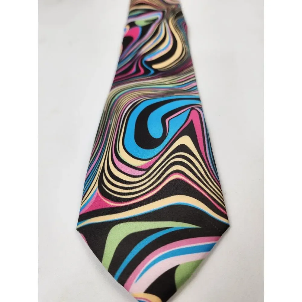 Barry Wang Psychedelic Swirls Colorful Necktie 70s Costume Fathers Day Fun Funky